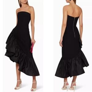 RASARIO Ruffled Silk and Crepe Corset Strapless Black Midi Dress Size 4